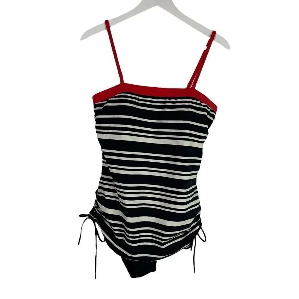 Lands End Women’s Swimsuit Size 10 Black, Off White & Red Striped Bandeau
